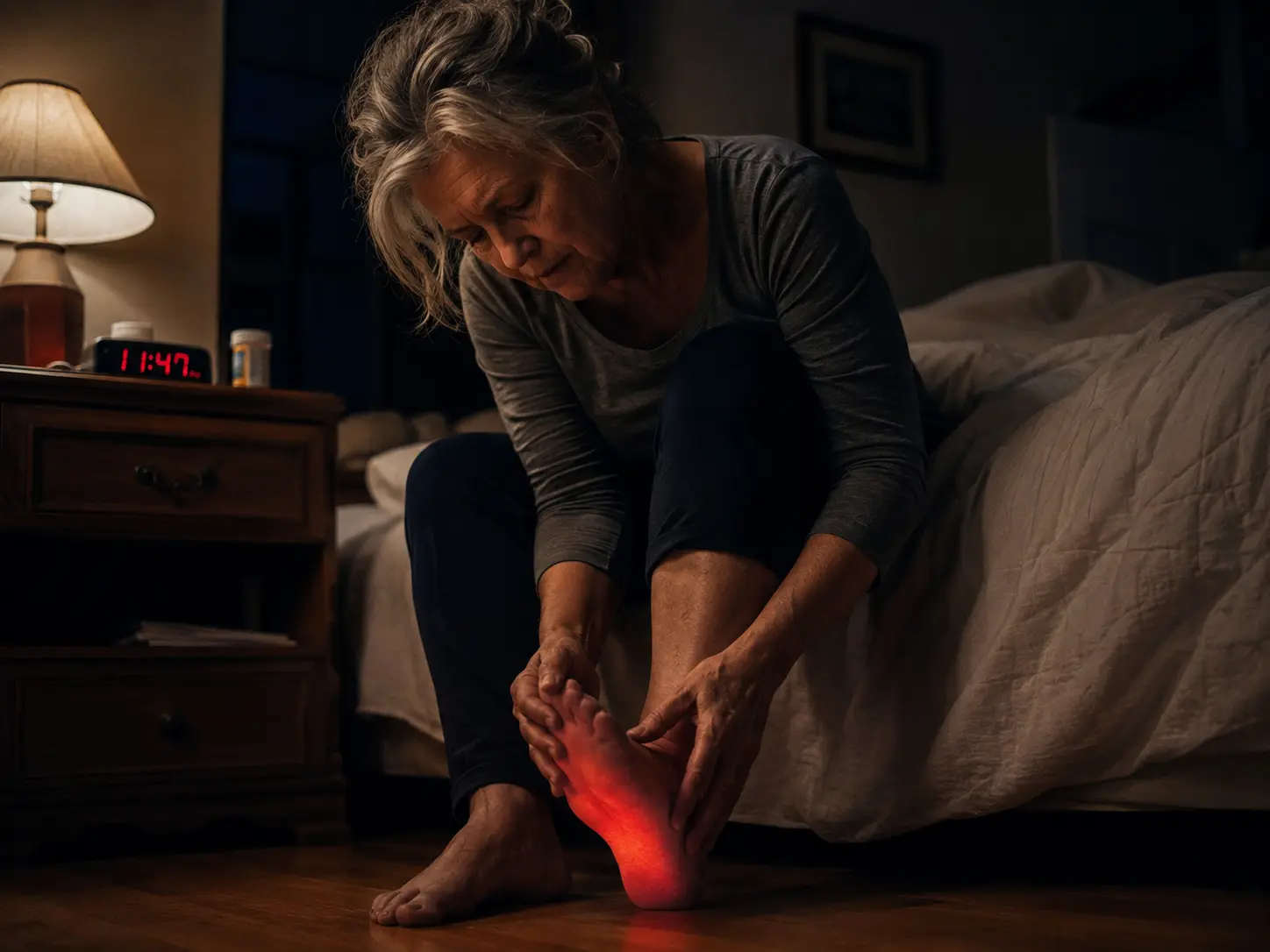 Woman sitting on bedside holding painful burning feet at night