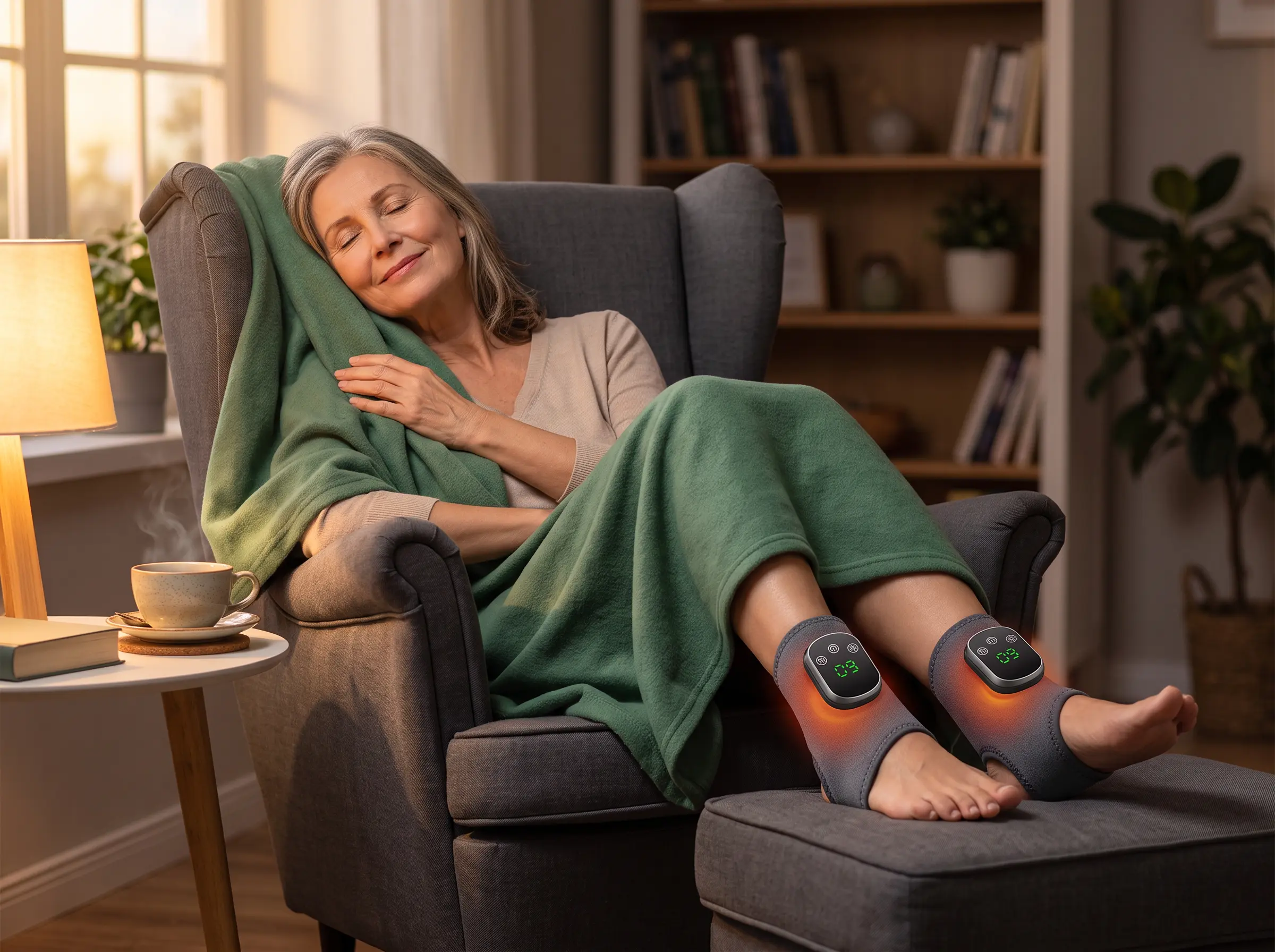 Woman relaxing in recliner chair wearing Solora CircuFlow recovery wrap